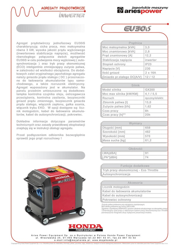 HONDA  EU 30 IS - Agregat prądotwórczy  Moc max. 3 kW