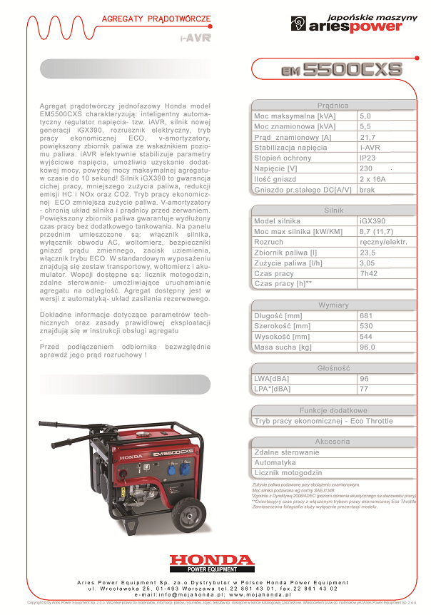 HONDA Agregat prądotwórczy EM 5500 CXS - stabilizacja i oszczędność