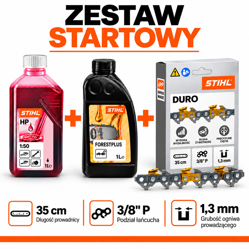 STIHL ZESTAW STARTOWY – Łańcuch Picco Duro 3 3/8" P, 1,3 mm, 50 ogniw + HP 1 L + ForestPlus 1 L