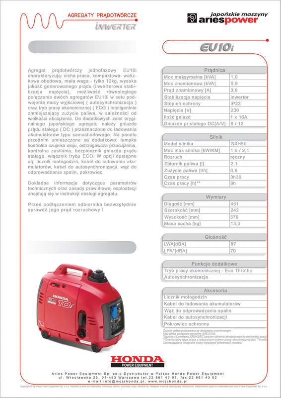 HONDA  EU 10i	- Agregat prądotwórczy - Moc max 1 kW