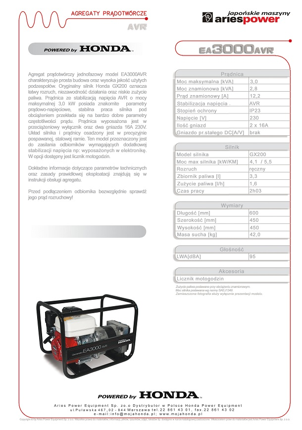 HONDA Agregat prądotwórczy EA 3000 N2 AVR - bezpieczeństwo i ergonomia