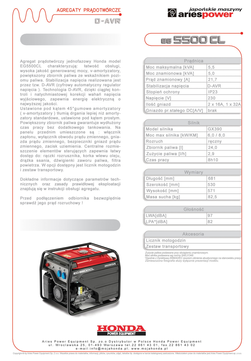 HONDA Agregat prądotwórczy EG 5500 CL - stabilizacja napięcia D-AVR
