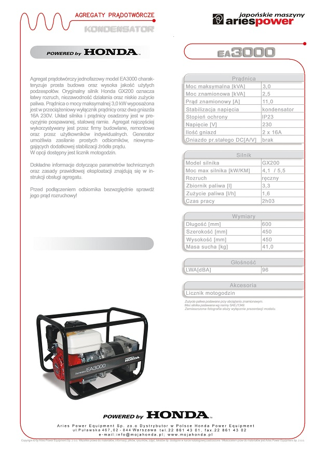 HONDA AGREGAT PRĄDOTWÓRCZY 3000W EA 3000